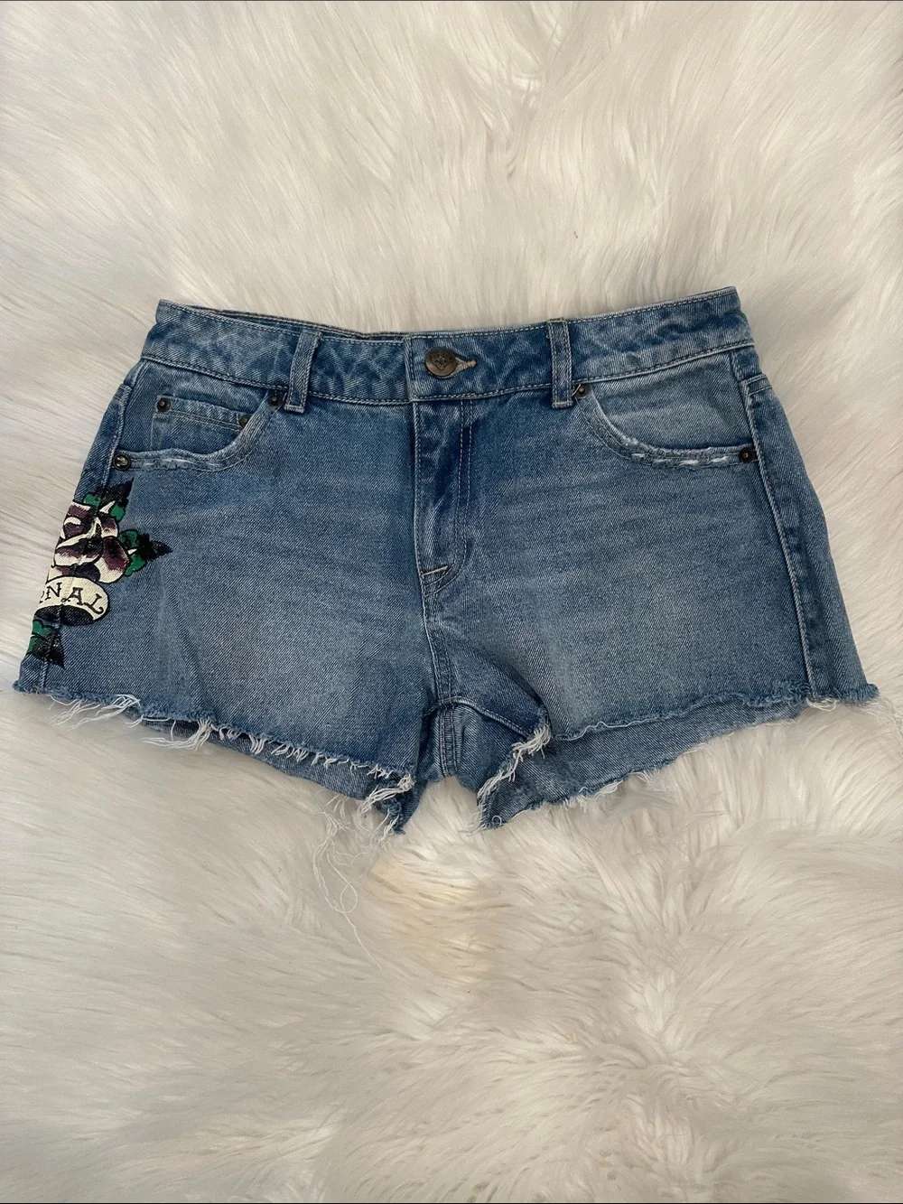 Ed Hardy Blue Denim Jean Shorts with Floral Patch - Picture 2 of 7